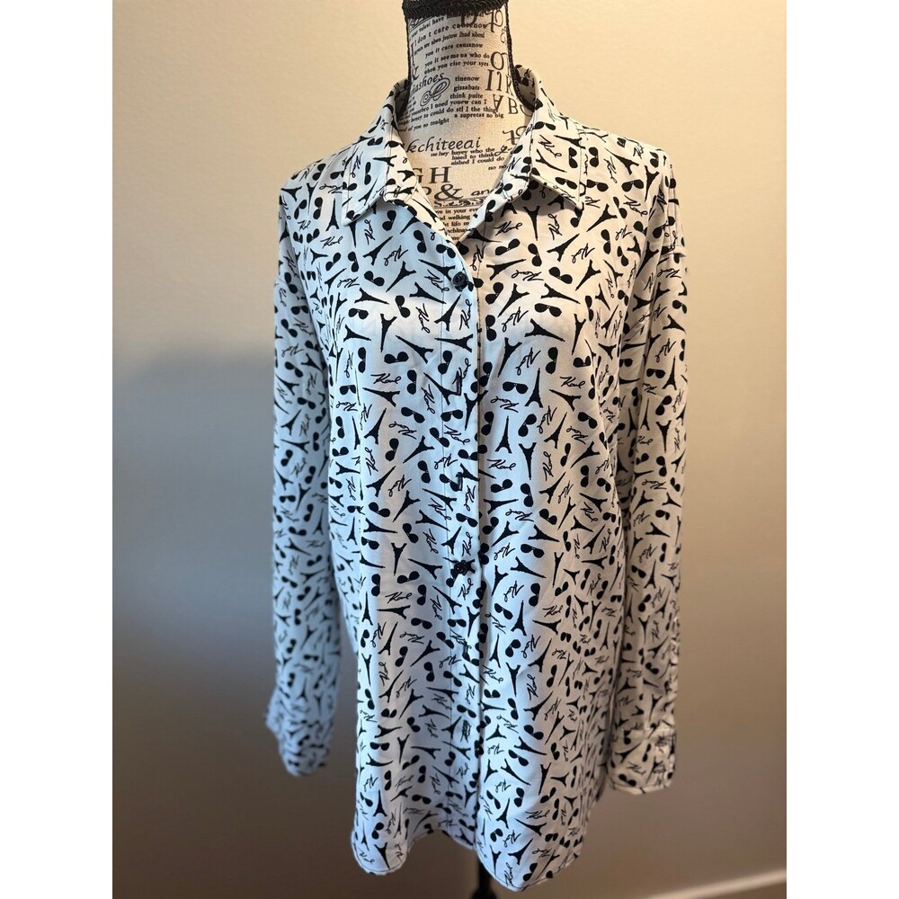 Karl Lagerfeld Paris Eiffel Tower Sunglasses Print Button-Down Shirt White Black